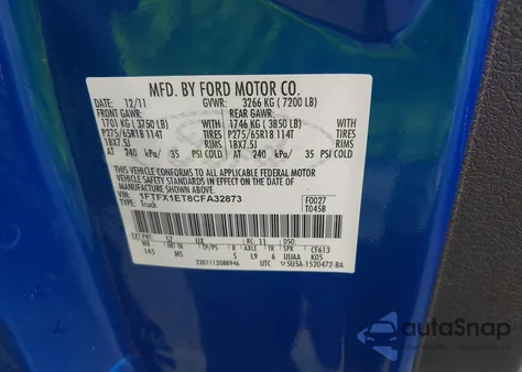 2012 Ford F-150 Xlt из США, поврежденный, VIN 1FTFX1ET8CFA32873